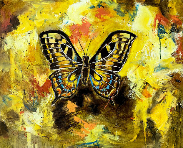 Painting of a yellow butterfly on a yellow background
