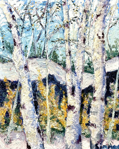A painting featuring birch trees in a snowy setting.