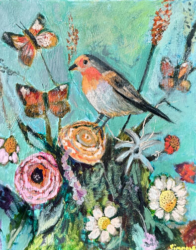 Painting of a bird, flowers, and butterflies