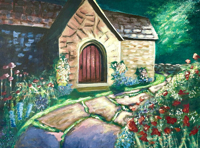 Painting of a house and a sunlit path