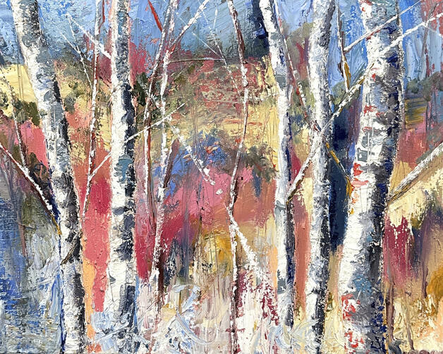 Painting of birches against an abstract background