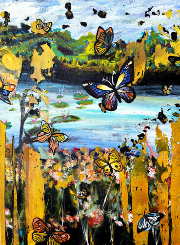 Painting of a landscape that has butterflies