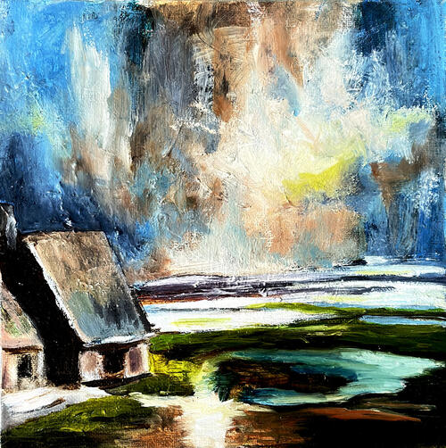 Painting of a house overlooking a lake