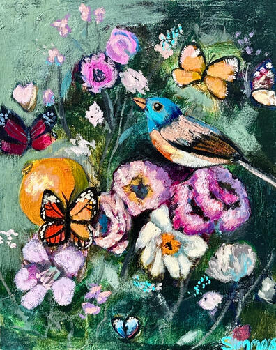 Flourish Painting of a bird, flowers, and butterflies