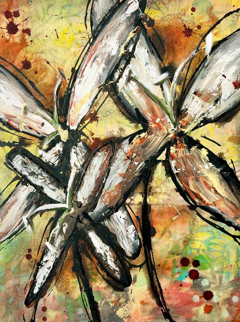 "Joyful" Painting of 3 abstract flowers on an abstract background